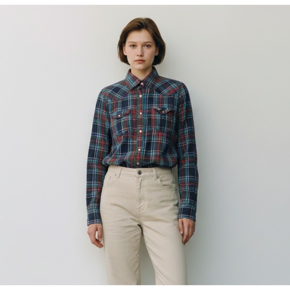 Hollister Green Blue Plaid Snap Down Front Cowgirl Country Shirt Top Juniors S‎